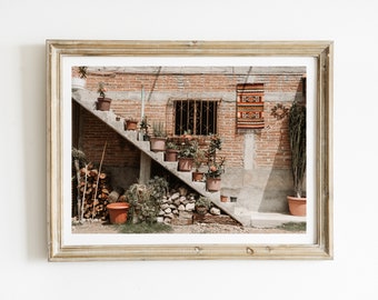 May include: A brick wall with a set of concrete stairs leading up to a door. The stairs are lined with potted plants. A colorful rug hangs on the wall above the door.