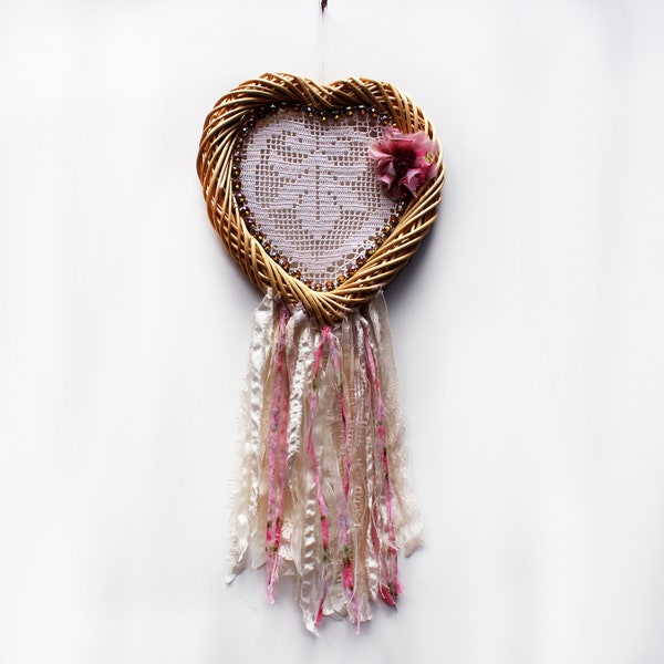 Dream Catcher, Wicker Heart Framed Vintage lace Dreamcatcher, Wall Decor, Handmade Tattered Frayed Flower, Faux Amber Rhinestones