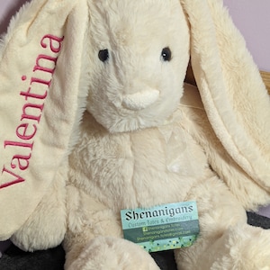 May include: A white plush bunny with long ears. The bunny has a pink embroidered name "Valentina" on one ear. The bunny is sitting on a chair. A business card for "Shenanigans Custom Totes & Embroidery" is in front of the bunny.