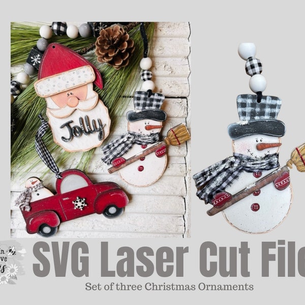 Christmas Ornaments Snowman Santa Truck LASER SVG File and PDF for scroll saw