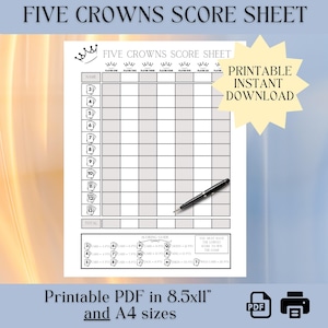Hoja de puntuación de Five Crowns, hoja de puntuación imprimible, descarga instantánea, hoja de reemplazo