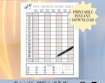 Five Crowns Score Sheet, Printable Score Sheet, Instant Download, Replacement Sheet