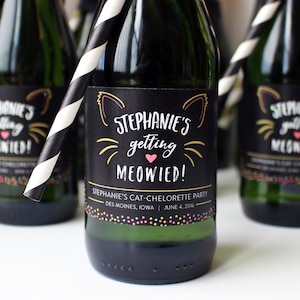 Mini Champagne Bottle Labels, Cat Bachelorette Favor, Cat Engagement Gift, Catchelorette Party Invite, Getting Meowied Mini Wine Label