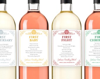 Milestone Wine Labels, Engagement Gift, Marriage Wine Basket, Bridal Shower Gift, Wedding Wine Gift Newlywed Year of First Milestones Basket