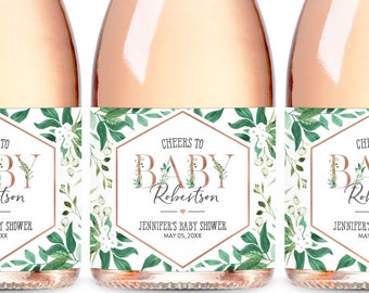 Baby Shower Mini Champagne Bottle Labels, Cheers Baby Shower Favors, Custom Greenery Baby Sprinkle Decorations, Baby Shower Mini Wine Labels