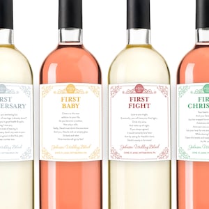 Milestone Wine Labels, Engagement Gift, Marriage Wine Basket, Bridal Shower Gift, Wedding Wine Gift Newlywed Year of First Milestones Basket