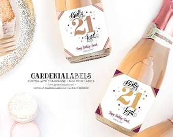 21st Birthday Mini Champagne Labels, Twenty One and Legal Birthday Mini Wine label, 21st Birthday Party Favors, Finally Legal Mini Champagne
