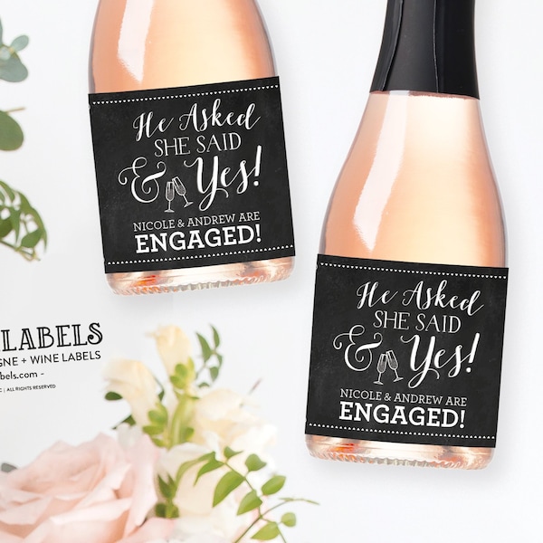 Engagement Party Favor, He Asked She Said Yes Engagement Mini Champagne Labels, Newly Engaged Engagement Gift, Engagement Mini Wine Labels