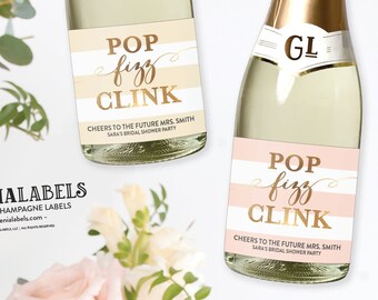 Pop Fizz Clink Mini Champagne Labels, Bachelorette Party Decor, Bridal Shower Favors, Engagement Party Favor, Pop Fizz Clink Champagne Label