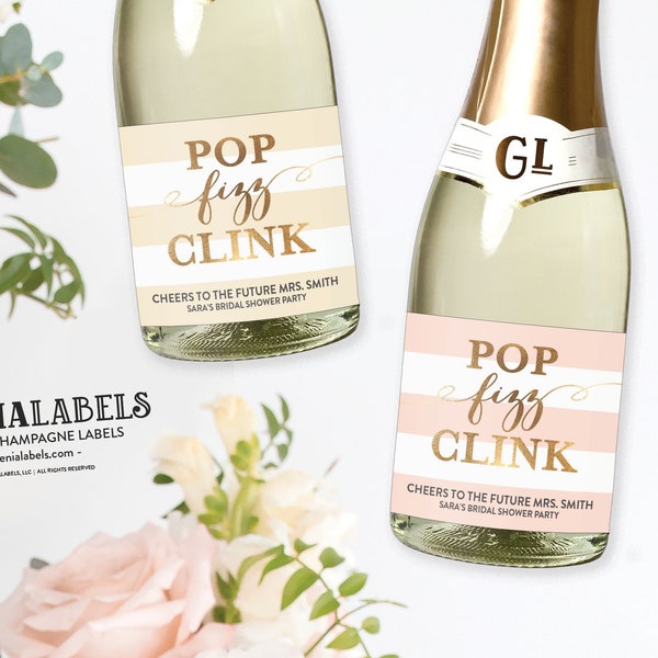 Pop Fizz Clink Mini Champagne Labels, Bachelorette Party Decor, Bridal Shower Favors, Engagement Party Favor, Pop Fizz Clink Champagne Label