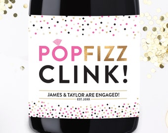 Engagement Champagne Label, Pop Fizz Clink Champagne Label, Bridal Shower, Newly Engaged Gift, Bachelorette Champagne Label, Engagement Gift