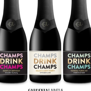 Champs Drink Champs Miniature Champagne Labels, Birthday Party Favors, Birthday Champagne Tag, 21st 30th 40th Birthday Mini Champagne Label image 1