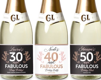 Birthday Mini Champagne Labels, 40 and Fabulous Mini Wine Labels, Birthday Party Favors, 30th 40th 50th 60th Birthday Miniature Wine Labels
