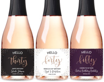 Birthday Mini Champagne Labels, Hello 30 Mini Champagne Labels, 21st 30th 40th 50th Milestone Birthday Favor, 40th Birthday Mini Wine Label