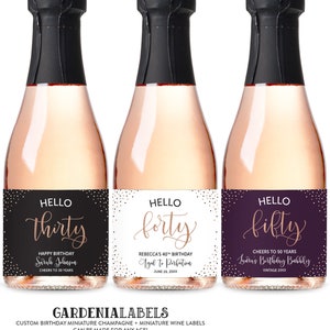 Birthday Mini Champagne Labels, Hello 30 Mini Champagne Labels, 21st 30th 40th 50th Milestone Birthday Favor, 40th Birthday Mini Wine Label image 1