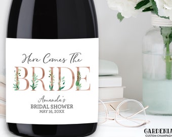 Bridal Shower Champagne Bottle Labels, Greenery Bridal Shower Decorations, Here Comes the Bride Bridal Shower Wine, Bachelorette Party Favor