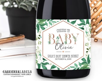 Baby Shower Champagne, Greenery Baby Shower, Cheers Wine Bottle Label,  Baby Shower Favor Champagne Label, Baby Sprinkle Shower Wine Label