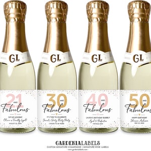 40 and Fabulous Mini Wine Labels, Birthday Mini Champagne Labels, 30th 40th 50th 60th Birthday Miniature Wine Labels, Birthday Party Favors