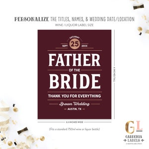 Father of the Bride Whiskey Label, Father of the Groom Liquor Label, In-Law Wedding Gift, Wedding Thank You to Parents Gift Whiskey Label Liquor / Wine