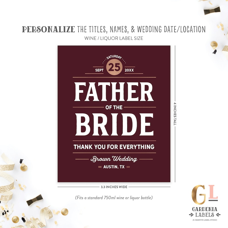 Father of the Bride Whiskey Label, Father of the Groom Liquor Label, In-Law Wedding Gift, Wedding Thank You to Parents Gift Whiskey Label Liquor / Wine