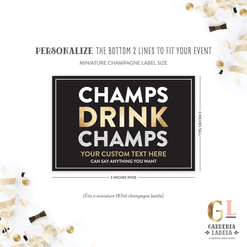Champs Drink Champs Miniature Champagne Labels, Birthday Party Favors, Birthday Champagne Tag, 21st 30th 40th Birthday Mini Champagne Label Black