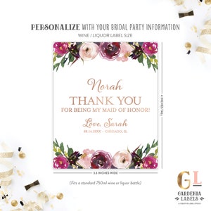 Thank You For Being my Bridesmaid Wine Labels, Be My Maid of Honor Ask, Bridesmaid Thank You Gift, Wedding Party Wine Labels, Bridesmaid Ask Wine / Liquor