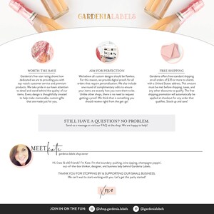 Może przedstawiać: Grafika w kolorze r&oacute;żowym i białym z tekstem "Gardenia Labels" czarną czcionką. Grafika zawiera r&oacute;wnież tekst "Worth the Rave", "Aim for Perfection" i "Free Shipping" z opisami usług firmy. Grafika zawiera r&oacute;wnież zdjęcie kobiety z tekstem "Meet Kate" i opisem jej roli jako właścicielki sklepu. Grafika zawiera r&oacute;wnież tekst "Still Have a Question? No Problem." i tekst "Join in on the Fun" z uchwytami medi&oacute;w społecznościowych.