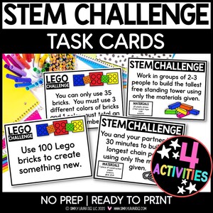 May include: STEM Challenge task cards featuring Lego challenges. The cards include instructions for building towers, chains, and other structures using a limited number of bricks and materials. The image also includes the text "4 ACTIVITIES".