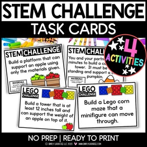 May include: Four printable STEM challenge task cards with a Lego theme. Each card features a different challenge, such as building a tower that can support an apple or a corn maze for a minifigure to navigate. The cards are designed for children to use with Lego bricks.