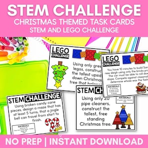 May include: A set of Christmas-themed STEM challenge task cards featuring instructions for building Lego structures, including a sleigh and Christmas trees. The cards include text, colorful illustrations, and material lists, displayed alongside a bright green plastic case.