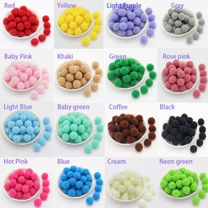 May include: Assortment of 16 colours of pom poms in a variety of colours, including red, yellow, light purple, grey, baby pink, khaki, green, rose pink, light blue, baby green, coffee, black, hot pink, blue, cream, and neon green.