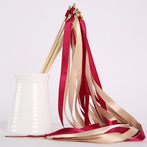 Pack 50 Red/ champagne ribbon wands, steamers with bells,vintage wedding