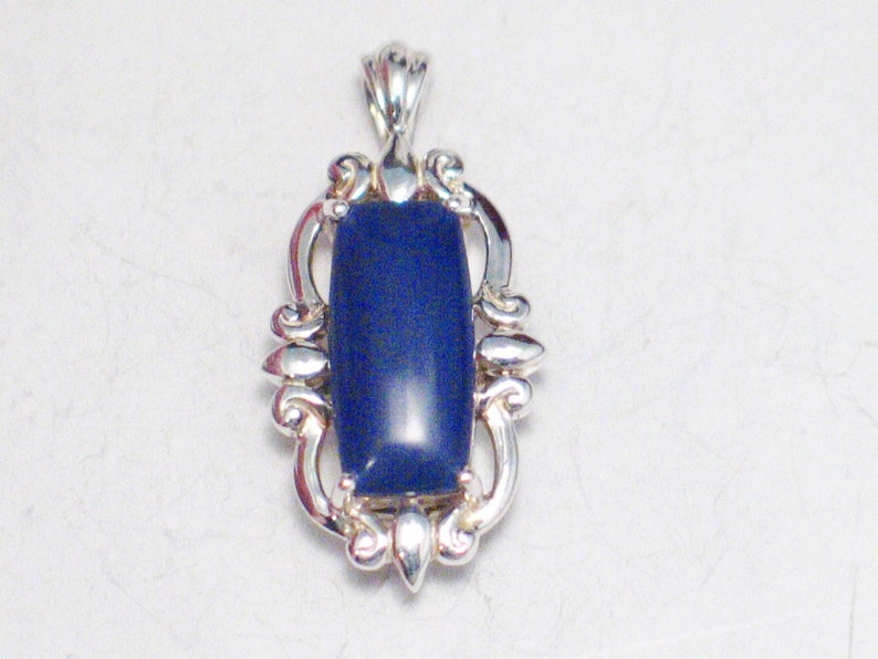 Sterling Silver pendant blue stone charm rectangle ornate framework fluted bale art 27.93 mm long womens fine jewelry