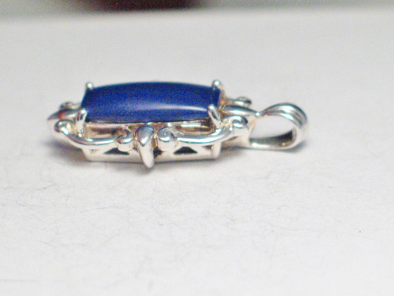 Sterling Silver pendant blue stone charm rectangle ornate framework fluted bale art 27.93 mm long womens fine jewelry