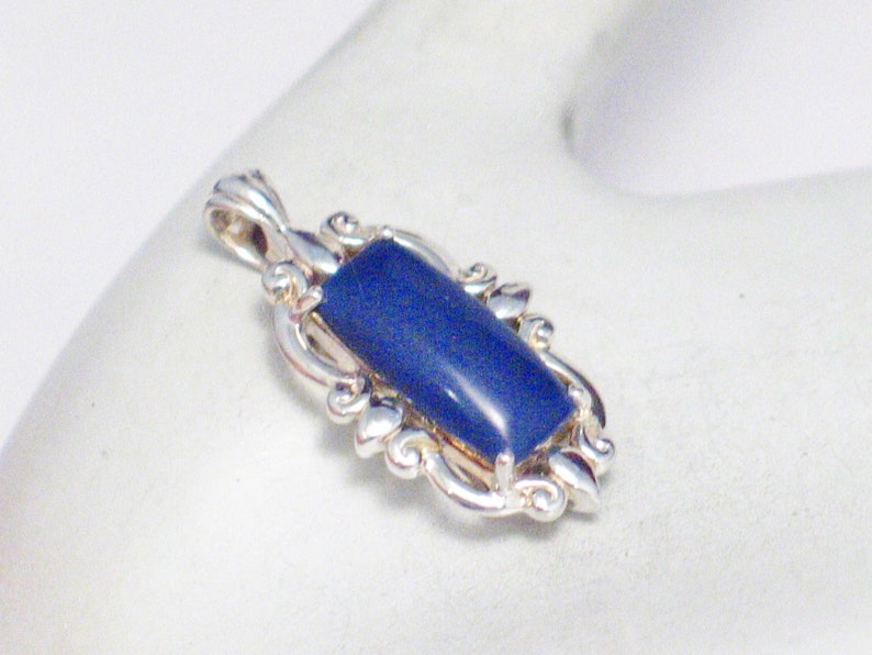 Sterling Silver pendant blue stone charm rectangle ornate framework fluted bale art 27.93 mm long womens fine jewelry