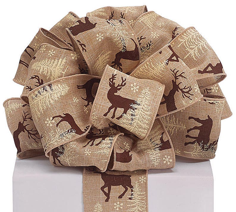 5 Yards Christmas Beige Brown Reindeer Trees Rustic Wired Ribbon 2 1//2/"W