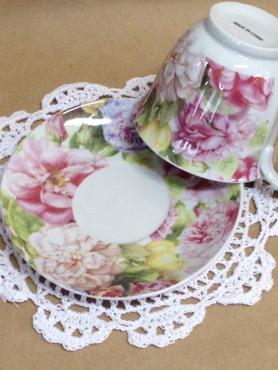 NEW Country Chic Tea Cup and Saucer Pink /& Lavender Peony Tea Cup /& Saucer