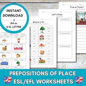 May include: A set of printable worksheets for teaching prepositions of place. The worksheets feature colourful illustrations and simple sentences. The worksheets are designed for English as a Second Language (ESL) or English as a Foreign Language (EFL) learners.