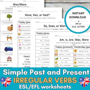 May include: A set of three printable worksheets for teaching simple past and present tense irregular verbs in English. The worksheets feature colorful illustrations and fill-in-the-blank sentences. The title of the worksheets is "Simple Past and Present Irregular Verbs ESL/EFL Worksheets".