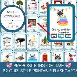 Utskrivbara flashcards med tidsprepositioner för barn, ESL-grammatikquiz för barn, språkinlärning, hemundervisning.