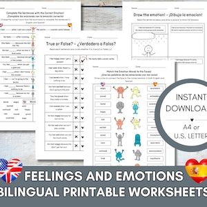 Bilingual Feelings and Emotions Worksheets for Kids in Spanish and English