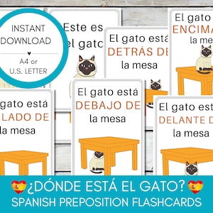 Flashcards imprimíveis para crianças, recursos para professores de espanhol, trabalho em casa, cartões de preposição, flashcards de espanhol, download instantâneo