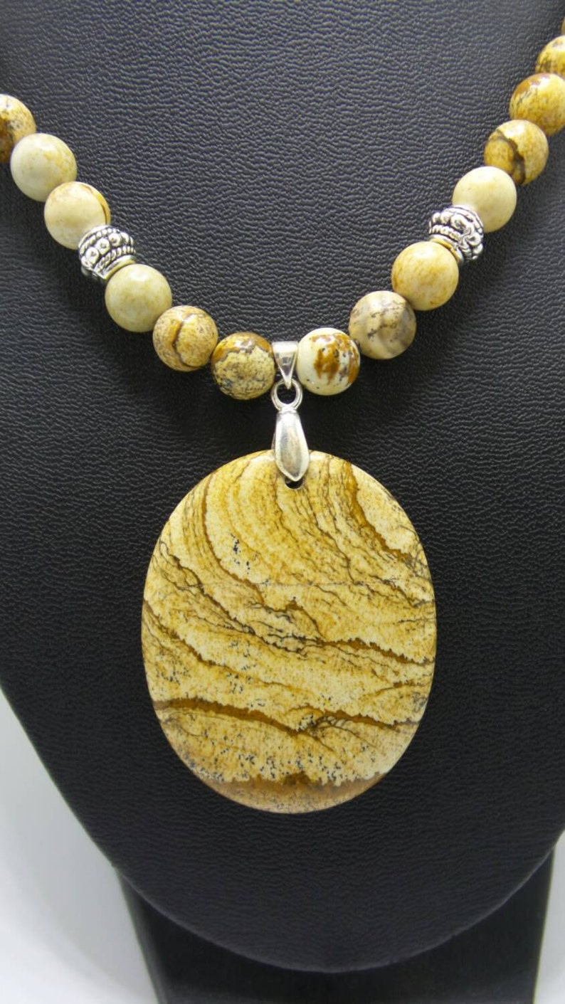 Handmade Picture Jasper beaded necklace with Picture Jasper pendant.