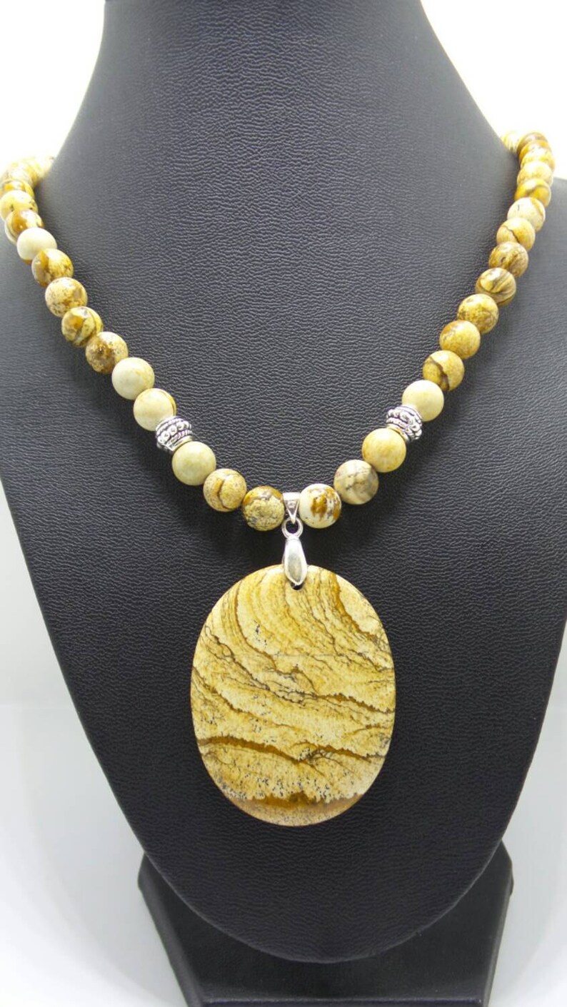 Handmade Picture Jasper beaded necklace with Picture Jasper pendant.