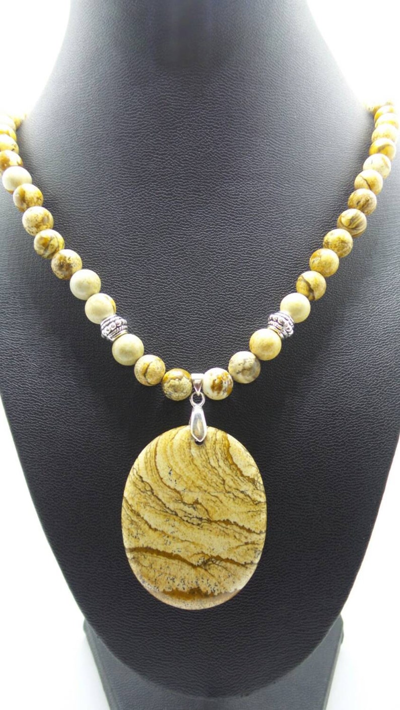 Handmade Picture Jasper beaded necklace with Picture Jasper pendant.