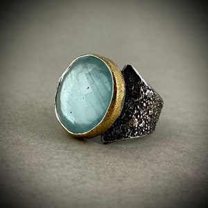 Large glowing aquamarine ring, sterling silver and 22k. TaiVautierJewelry Tai Vautier Jewelry