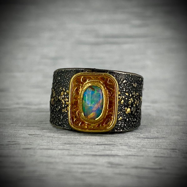 Colorful pipe opal ring, sterling silver and 22kt gold. TaiVautierJewelry Tai Vautier Jewelry