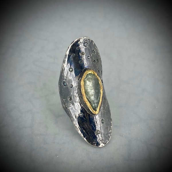 Aquamarine ring with diamonds, sterling silver and 22kt gold. TaiVautierJewelry Tai Vautier Jewelry