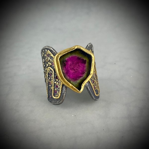 Art Deco watermelon tourmaline ruby ring, sterling silver and 22kt gold. TaiVautierJewelry Tai Vautier Jewe