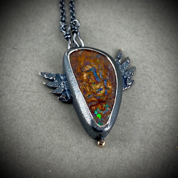 Sacred heart Australian opal necklace sterling silver necklace, TaiVautierJewelry
